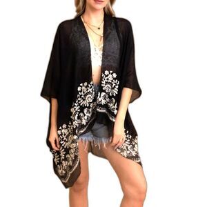 Embroidered floral bloom womens kimono Black white bohemian one size fits
